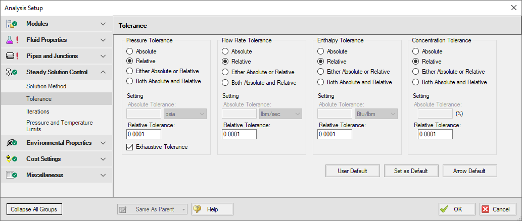 The Tolerance panel in Analysis Setup.